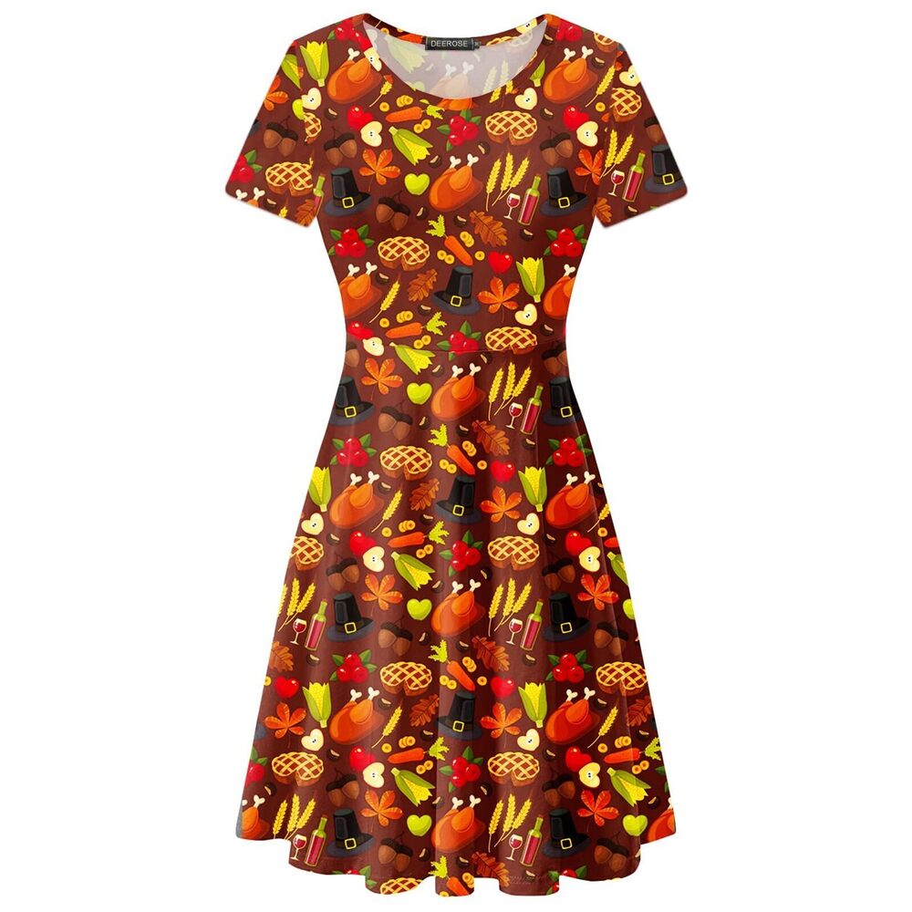 9201 Thanksgiving Tunic Dress Cute Turkey Short Sleeve Dress Daily Skate